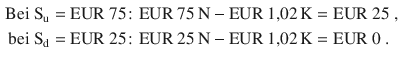 $$\begin{aligned}\displaystyle{\text{Bei\leavevmode\nobreak\ }}\mathrm{S}_{\mathrm{u}}&\displaystyle={\text{EUR}}\ 75\colon{\text{EUR}}\ 75\,\mathrm{N}-{\text{EUR}}\ 1{,}02\,\mathrm{K}={\text{EUR}}\ 25\;,\\ \displaystyle{\text{bei\leavevmode\nobreak\ }}\mathrm{S}_{\mathrm{d}}&\displaystyle={\text{EUR}}\ 25\colon{\text{EUR}}\ 25\,\mathrm{N}-{\text{EUR}}\ 1{,}02\,\mathrm{K}={\text{EUR}}\ 0\;.\end{aligned}$$