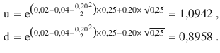 $$\begin{aligned}\displaystyle\mathrm{u}&\displaystyle=\mathrm{e}^{\big({0{,}02-0{,}04-\frac{0{,}20}{2}^{2}}\big)\times 0{,}25+0{,}20\times\sqrt{0{,}25}}=1{,}0942\;,\\ \displaystyle\mathrm{d}&\displaystyle=\mathrm{e}^{\big({0{,}02-0{,}04-\frac{0{,}20}{2}^{2}}\big)\times 0{,}25-0{,}20\times\sqrt{0{,}25}}=0{,}8958\;.\end{aligned}$$