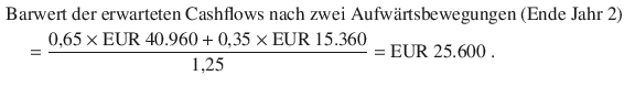 $$\begin{aligned}\displaystyle&\displaystyle{\text{Barwert der erwarteten Cashflows nach zwei Aufw{\"a}rtsbewegungen (Ende Jahr 2)}}\\ \displaystyle&\displaystyle\quad=\frac{0{,}65\times{\text{EUR}}\ 40.960+0{,}35\times{\text{EUR}}\ 15.360}{1{,}25}={\text{EUR}}\ 25.600\;.\end{aligned}$$