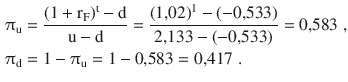 $$\begin{aligned}\displaystyle\uppi_{\mathrm{u}}&\displaystyle=\frac{(1+\mathrm{r}_{\mathrm{F}})^{\mathrm{t}}-\mathrm{d}}{\mathrm{u}-\mathrm{d}}=\frac{(1{,}02)^{1}-(-0{,}533)}{2{,}133-(-0{,}533)}=0{,}583\;,\\ \displaystyle\uppi_{\mathrm{d}}&\displaystyle=1-\uppi_{\mathrm{u}}=1-0{,}583=0{,}417\;.\end{aligned}$$