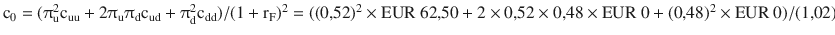 $$\mathrm{c}_{0}=(\uppi_{\mathrm{u}}^{2}\mathrm{c}_{{\text{uu}}}+2\uppi_{\mathrm{u}}\uppi_{\mathrm{d}}\mathrm{c}_{{\text{ud}}}+\uppi_{\mathrm{d}}^{2}\mathrm{c}_{{\text{dd}}})/(1+\mathrm{r}_{\mathrm{F}})^{2}=((0{,}52)^{2}\times{\text{EUR}}\ 62{,}50+2\times 0{,}52\times 0{,}48\times{\text{EUR}}\ 0+(0{,}48)^{2}\times{\text{EUR}}\ 0)/(1{,}02)^{2}={\text{EUR}}\ 16{,}24.$$