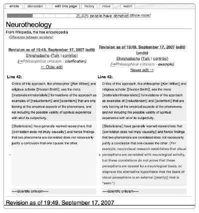 A diff is accessible by clicking Compare Versions on the page history. The newest version is shown on the right. Shading indicates a changed paragraph. The editor's name, the date and time of the edit, and the edit summary are listed at the top.