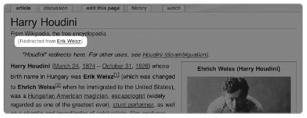 A redirect title below a page title—Harry Houdini, redirected from Erik Weisz