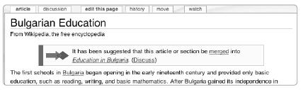 The merge message template on the Bulgarian Education article, suggesting a merge to the article called Education in Bulgaria