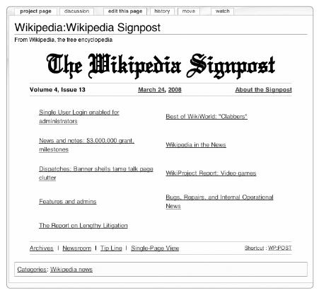 The Wikipedia Signpost, a weekly on-site newsletter