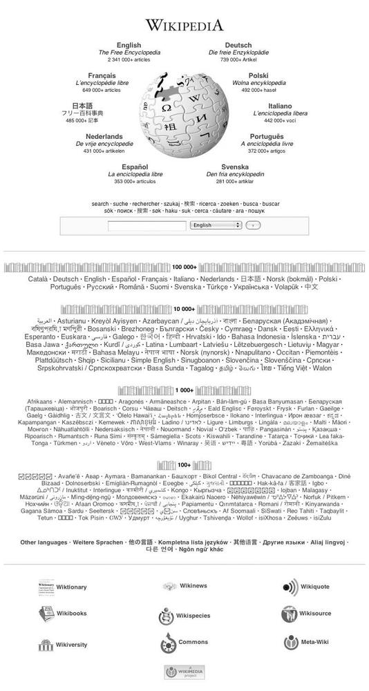 Wikipedia.org portal page, showing all the languages