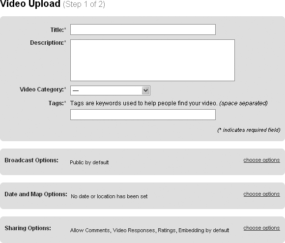 The Video Upload page offers numerous options for providing information about your video.