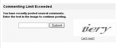 CAPTCHA codes are required after four consecutive comments.