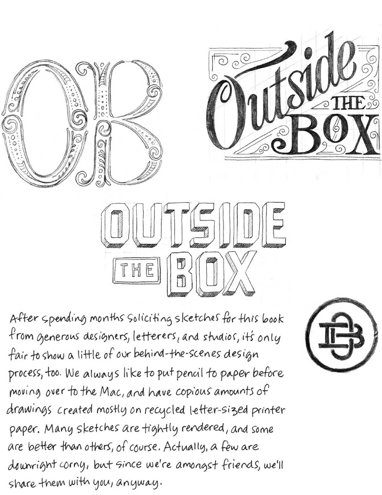 After spending months soliciting sketches for this book from generous designers, letterers, and studios, it’s only fair to show a little of our behind-the-scenes design process, too. We always like to put pencil to paper before moving over to the Mac, and have copious amounts of drawings created mostly on recycled letter-sized printer paper. Many sketches are tightly rendered, and some are better than others, of course. Actually, a few are drawnright corny, but since we’re amongst friends, we’ll share them with you, anyway.