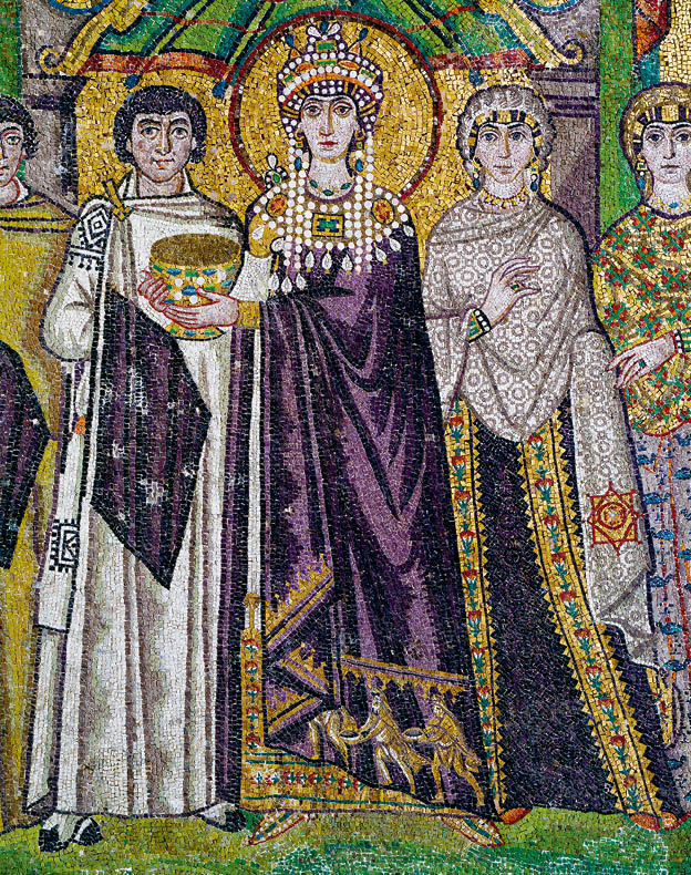 Empress Theodora and her retinue, Byzantine mosaic in the apse of the Basilica of San Vitale (UNESCO World Heritage Site, 1996), Ravenna, Emilia-Romagna, Italy, 6th century, detail. Ravenna, Opera Religion of the Diocese of Ravenna