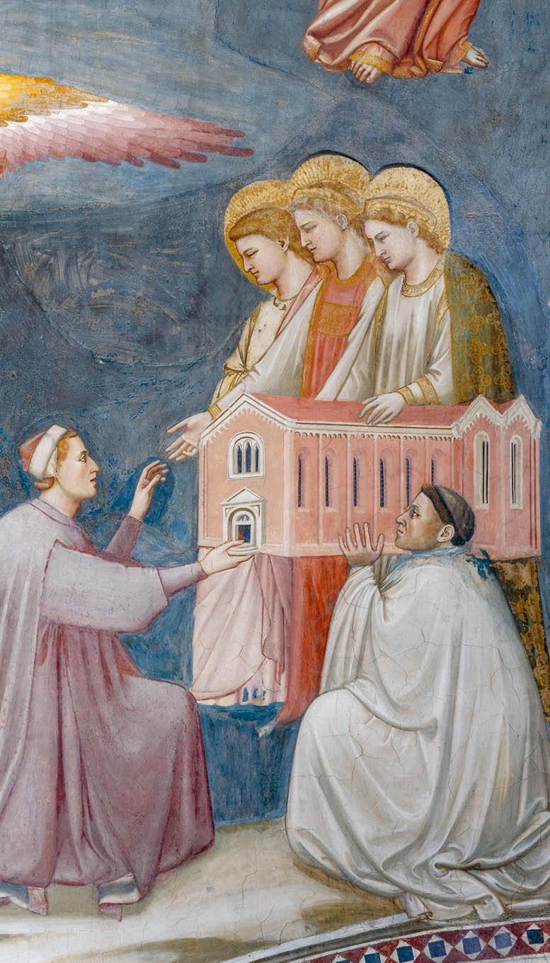 Scrovegni and a priest offering his church to the 3 Marys, and people led to heaven by angels, detail from Last Judgement, 1306, on the end wall of the Cappella degli Scrovegni, or Scrovegni Chapel, containing a fresco cycle, 1303-9, by Giotto di Bondone, c. 1267-1337, at the Monastero degli Eremitani, in Padua, Veneto, Italy. The chapel was built by Enrico Scrovegni as a private oratory and funerary monument, consecrated 1303. It is listed as a UNESCO World Heritage Site. Picture by Manuel Cohen