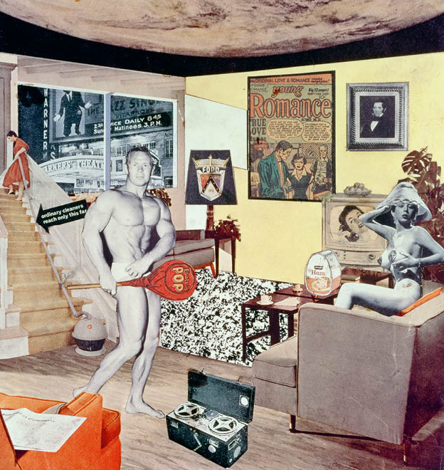 NUL108077 "Just what is it that makes today\'s homes so different, so appealing?", 1956 (collage) by Hamilton, Richard (1922-2011); 26x23.5 cm; Kunsthalle, Tubingen, Germany; (add.info.: by Richard Hamilton). Please note: The artwork in this photograph is in copyright. It is your responsibility to ensure this additional copyright is cleared prior to use through the appropriate national collecting society: DACS (UK), ADAGP (France), ARS (USA), SAIE (Italy), VG Bild-Kunst (Germany) or the sister society in your territory.