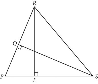 Triangle P R S with two smaller triangles inside formed by drawing a perpendicular height from vertex R to point T on the opposite side and drawing another perpendicular height from vertex S to point Q on the opposite side. 