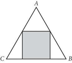 Equilateral triangle A B C with a square inscribed inside it. The base of the square lies along side B C of the triangle.