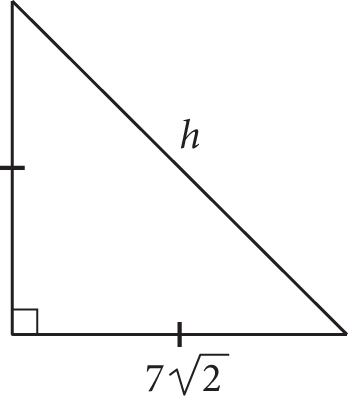 A right triangle with legs of equal length. One leg is labeled seven square root two. The hypotenuse is labeled H.