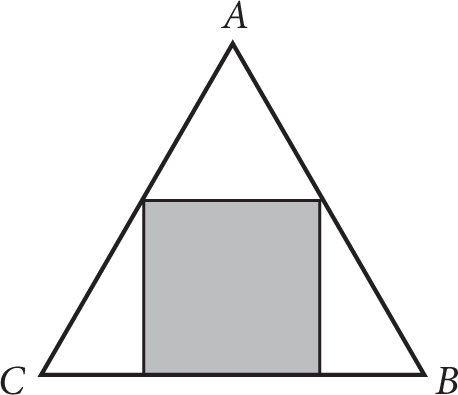 Equilateral triangle A B C with a square inscribed inside it. The base of the square lies along side B C of the triangle.