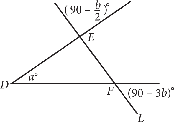 Triangle D E F formed by the intersection of angle D E F and line L. The angle at vertex D has a measure of A degrees. The angle vertical to the angle at vertex E has a measure of 90 minus B over 2 degrees. The angle vertical to the angle at vertex F has a measure of 90 minus 3 B degrees.