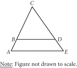 Triangle A C E with top vertex C and bottom base A E. Point B lies on side A C, closer to A than to C. Point D lies on side C E, closer to E than to C. A line segment connects points B and D inside the triangle. This line segment appears to be parallel to the base of the triangle. There is a note indicating that the figure is not drawn to scale.