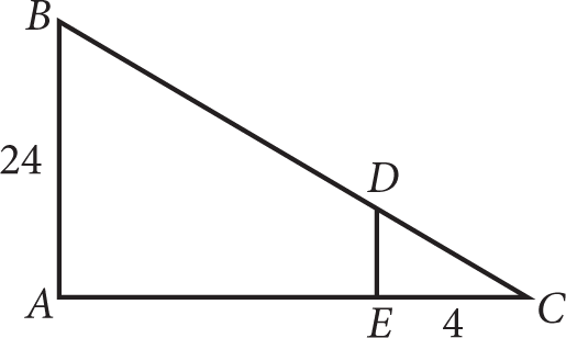 Large triangle A, B, C with small triangle D, E, C drawn in the lower right corner. The two triangles share angle C. Side A, B, of the larger triangle has length 24. Side E, C, of the smaller triangle has length 4. There is a note below the figure indicating that it is not drawn to scale.