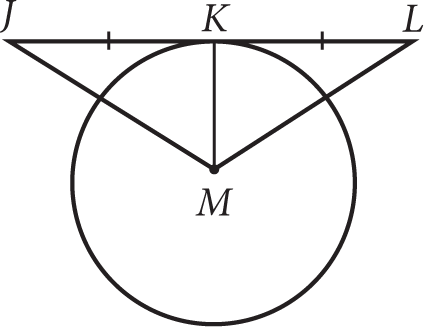 A circle with center M that is tangent to line J L drawn above the circle at point K. A line segment connects center M with point K, forming a radius of the circle that meets the tangent line. There are tick marks on segments J K and K L indicating that they are congruent.