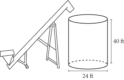 An auger conveyor with its spout pointed down into a right circular cylinder. The height of the cylinder is 40 feet and the diameter of its base is 24 feet.