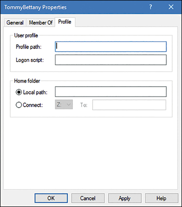 A screenshot shows the properties dialog box for Tommy Bettany. There are three tabs: General, Member Of, and Profile. The Profile tab is selected. The dialog box displays a User Profile section, which contains the Profile Path and Logon Script. Below the User Profile section, the Home Folder section shows Local Path and Connect options. Neither section is completed.