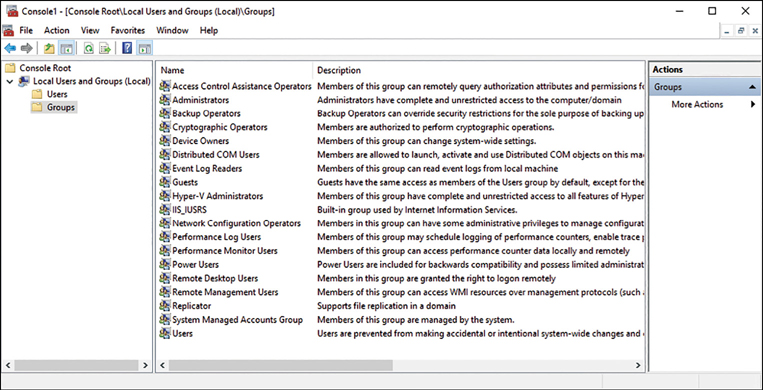 A screenshot shows the Console1, a Microsoft Management Console (MMC) snap-in with three panes. The left pane shows Console Root, Local Users And Groups (Local), and nodes for Users and Groups (selected). The middle pane shows two columns: Name and Description. The right column shows Actions.