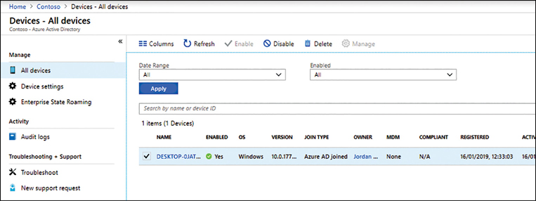 A screenshot shows the Devices page within the Contoso Azure Active Directory. The page is split into two panes. The left pane lists the Manage options with All Devices highlighted. In the center pane, a device is selected, and the menu options shown above the device include Columns, Refresh, Enable (unavailable), Disable, Delete, and Manage (unavailable).