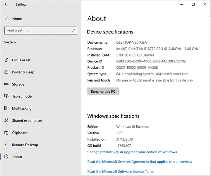 A screenshot shows the About page within the Settings app. On the left is a list of System items, including Focus Assist, Power & Sleep, and Storage. In the central pane is a list of device specifications and a list of Windows specifications, including the edition and version of Windows 10.