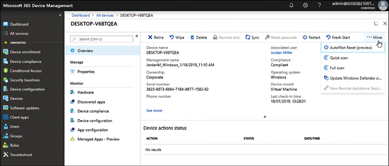 A screenshot shows the Microsoft 365 Device Management page, which has three sections. The leftmost pane shows a list of items, including Dashboard, All Services, Device Enrollment, and Device Compliance. The central pane is titled “Desktop-V68TQEA,” and a list of options is shown with Overview selected. Below are Manage and Monitor headings. In the right pane, there is a device named “Desktop-V68TQEA.” Options to manage the device include Retire, Wipe, Delete, Sync, Restart, and Fresh Start. The More item is selected, which exposes a list of further choices, including AutoPilot Reset (Preview), Quick Scan, Full Scan, and Update Windows Defender.