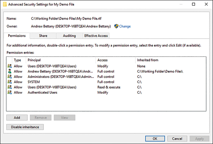 A screenshot shows the Advanced Security Settings for My Demo File properties screen. At the top is the Name, path, Owner, with a Change link, which when clicked, allows you to change the owner. Four tabs are shown: Permissions (selected), Share, Auditing, and Effective Access. The shown Permission Entries are organized into columns labeled Type, Principal, Access, and Inherited From. Below the headings is a list of users and their Access type. At the bottom are Add, Remove, View, and Disable Inheritance buttons.