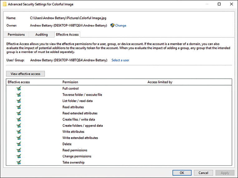 A screenshot shows the Advanced security settings for colorful image properties screen. At the top is the file name and path, and below the owner, with a link to change the owner. In a box, there are three tabs, Permissions, Auditing, Effective Access (selected). Within the box is a list of Effective Access permission entries under the Effective Access, Permission, and Access Limited By columns.