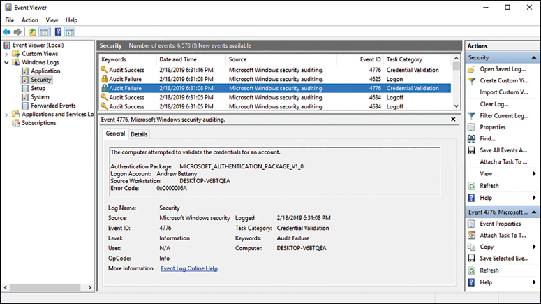 A screenshot shows the Event viewer MMC with three panes. The left pane lists the Event Viewer (Local), Custom Views, Windows Logs (with subfolders for Application, Security (selected), Setup, System, and Forwarded Events), Applications And Services Logs, and Subscriptions. In the right pane is a list of actions. The center pane is split horizontally into two sections. The top section lists events. The Audit Failure with a task category of Credential Failure is selected. The bottom section lists details of the highlighted event.