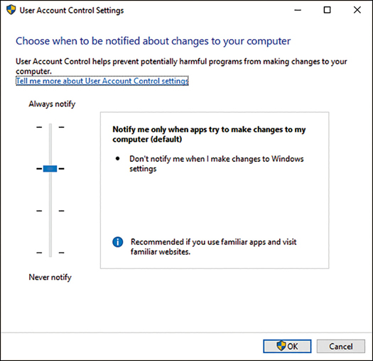 A screenshot shows the User Account Control Settings configuration screen. In the center of the page is a vertical slider with four notches; the topmost notch is labeled Always Notify, and the bottommost notch is labeled Never Modify. In this figure, the second notch from the top is selected. At the right, the chosen setting is explained. In the lower-right corner is an OK button containing a UAC shield icon.