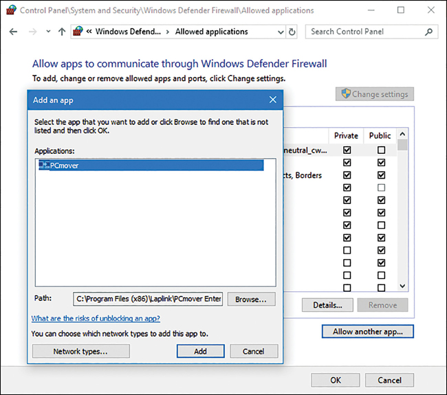 A screenshot shows the Windows Defender Firewall configuration screen in the background; in the foreground, the Add An App dialog box is shown. The PCmover app is selected. At the bottom of the dialog box is the app path and buttons for Network Types, Add, and Cancel.