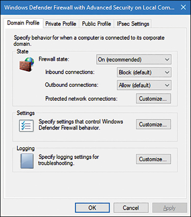 A screenshot shows the Windows Defender Firewall With Advanced Security properties dialog box. Four tabs are shown: Domain Profile (selected), Private Profile, Public Profile, and IPSec Settings. The screen is split into three configuration areas: Firewall State, Settings, and Logging.