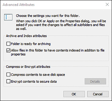 A screenshot shows the Advanced Attributes properties screen, which contains two sections for configuring the Archive Attributes and Index Attributes. From this dialog box, you can set compression or encrypt attributes by clicking the appropriate check boxes.