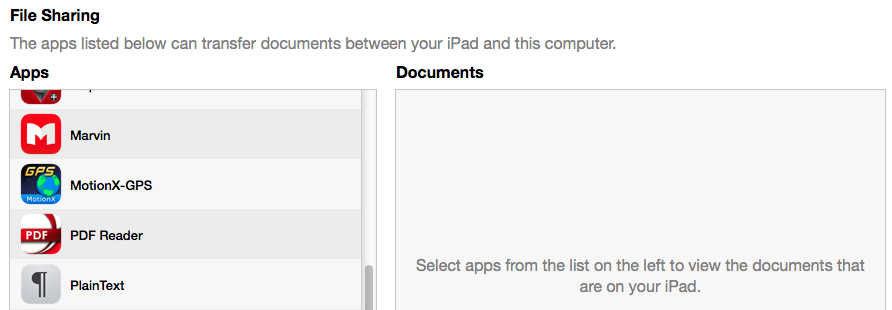 The iTunes file sharing interface