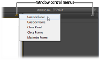 Use the menu in the upper-left corner of the individual panels to open, close, dock, and undock the panels.