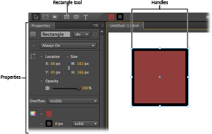 After you create a rectangle, you can change its shape and size by dragging the handles. When a rectangle is selected, its properties appear (where else?) in the Properties panel.