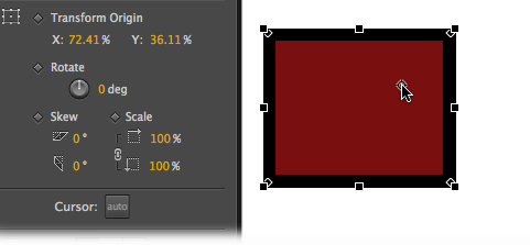 The transform origin point is the center of the universe when it comes to rotating, skewing, or scaling elements on the stage. You can reposition the transform origin using the X and Y properties shown here.