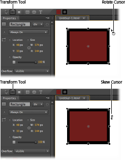 You can make your transformations using the Properties panel or you can use the Transform tool for a hands-on approach. After selecting the Transform tool, move the cursor over the element you want to change, the cursor changes to indicate the transformation that’s about to be performed.Top: With the cursor near the corner you see Rotate cursor.Bottom: With the cursor mid-slide, you see the Skew cursor.