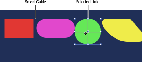 Smart Guides are smart enough to hide when you don’t need them. However, they show up when there’s a job to do. Here the Smart Guide appears to help align the top edge of these four shapes. You can use guides to align any edge or the midpoint of an element.