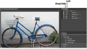 The Elements panel has two tools to help you when you’re working with elements on the stage. The eye toggle button shows and hides elements on the stage. The padlock button locks elements into position to keep you from accidentally selecting and moving them.
