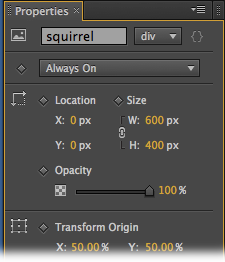 Click the diamond-shaped Add Keyframe buttons to create Location and Opacity keyframes in the Timeline. You can set the value for each property independently. Using the ID box, you can name the elements in your animation. This element is named “squirrel.” Below the ID box is a menu that turns elements on or off, making them visible or invisible.