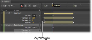 You can turn elements off until you need them and then turn them on. The initial control is a drop-down menu in the Elements panel. Once you turn an element on or off there, you’ll see On/Off toggle buttons inthe Timeline.