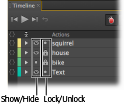 The elements part of the Timeline is very busy with buttons and toggles. Many of these controls duplicate controls elsewhere. For example, the show/hide and lock/unlock buttons work exactly as they do in the main Elements panel.