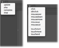 As you can see here, different elements have different types of triggers. The Timeline has triggers like play, complete, and stop. A graphic like a rectangle has triggers like click, mouseover, and touchmove.