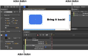 The first step in creating a trigger/action combo is to click an Open Actions button next to an element that’s in your animation. Open Actions buttons look like small brackets.