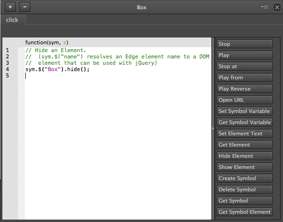 When you’ve finished tweaking the code for the Box element, the Actions window looks like this. You use the buttons along the right side of the Actions window to add actions (JavaScript/jQuery code) to your project.